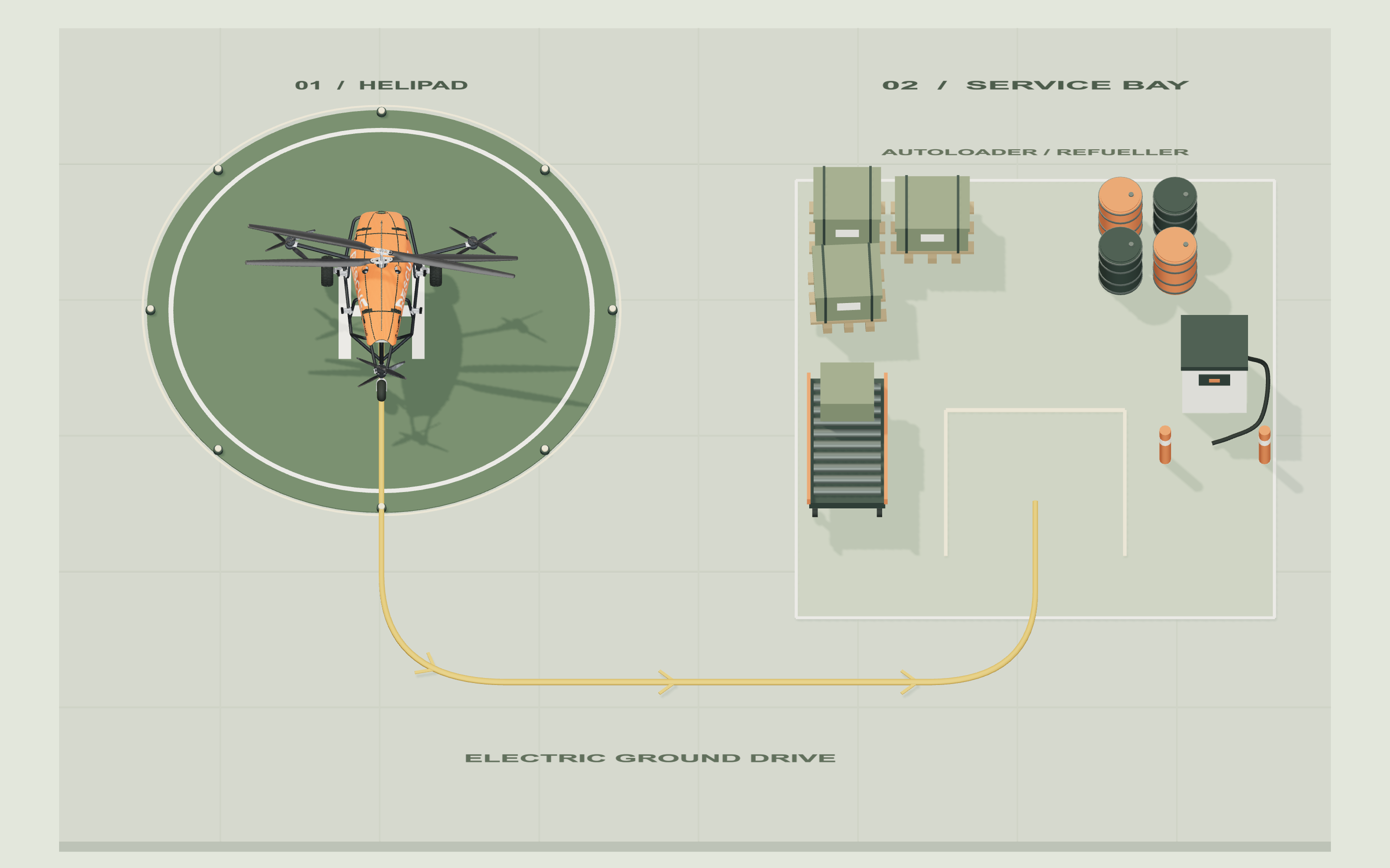 Overhead render of TAMML on the helipad, its ground taxi route and the service bay
